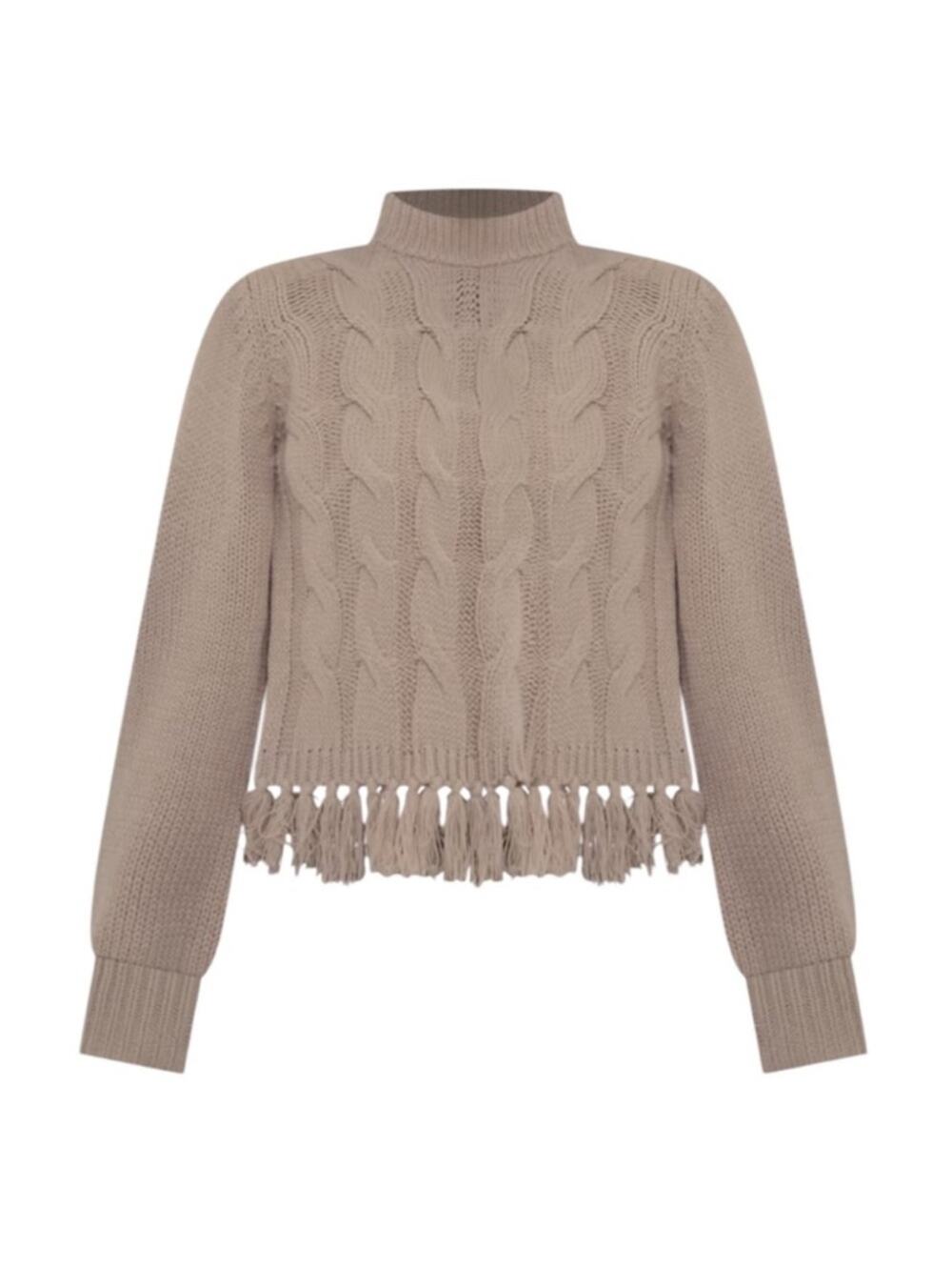 HYACINTH HOUSE Taupe Fringe Hem Cable Knit Sweater Medium NEW